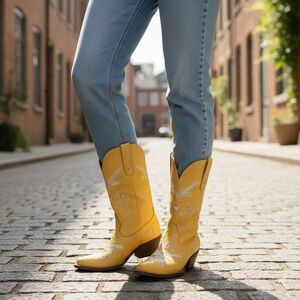 Yellow Embroidered Dingo Cowboy Boots Full Bloom - Worn Once
